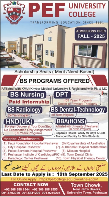 Admission Open in PEF University College Peshawar